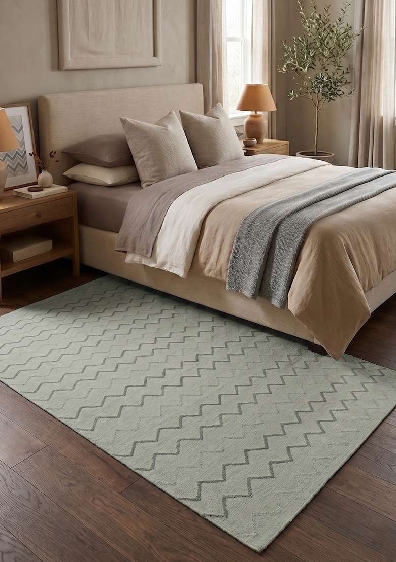 Saffron Rugs Handmade Wool Dhurrie Flat Weave Rectangular Rug – Sage Green Contemporary Chevron Kilim Style Carpet for Bedroom - Indya