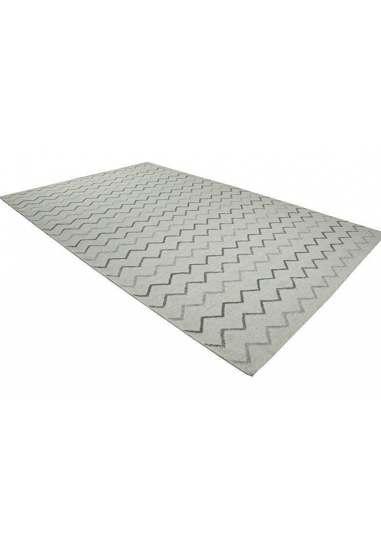 Saffron Rugs Handmade Wool Dhurrie Flat Weave Rectangular Rug – Sage Green Contemporary Chevron Kilim Style Carpet for Bedroom - Indya