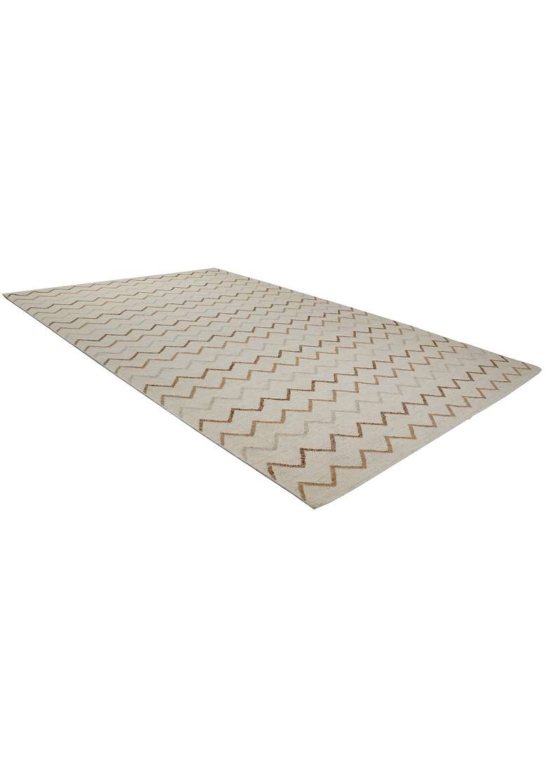 Saffron Rugs Handmade Wool Dhurrie Flat Weave Rectangular Rug – Ivory Cream Contemporary Chevron Kilim Style Carpet for Bedroom - Indya