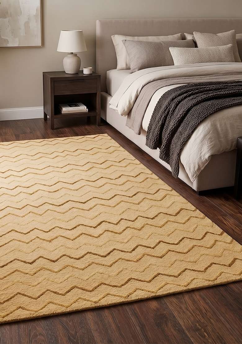Saffron Rugs Handmade Wool Dhurrie Flat Weave Rectangular Rug – Gold Beige Contemporary Chevron Kilim Style Carpet for Bedroom - Indya