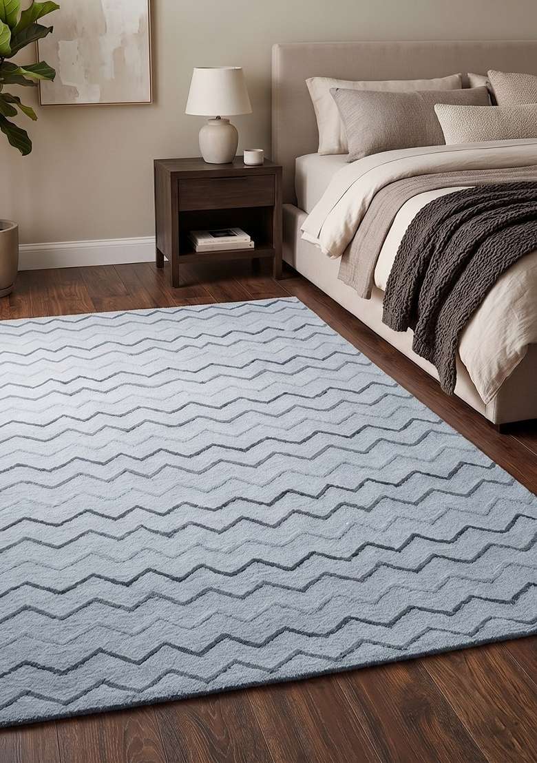 Saffron Rugs Handmade Wool Dhurrie Flat Weave Rectangular Rug – Light Blue Grey Contemporary Chevron Kilim Style Carpet for Bedroom - Indya