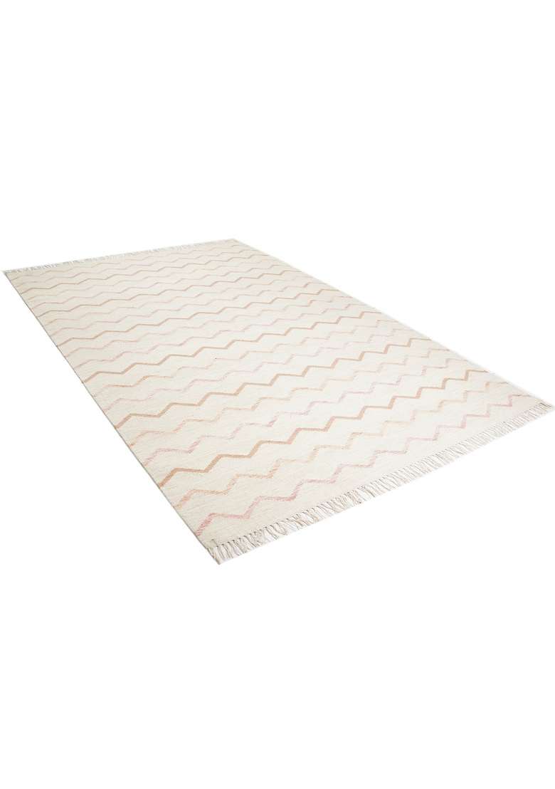 Saffron Rugs Handmade Wool Dhurrie Flat Weave Rectangular Rug – Cream Bohemian Chevron Kilim Style Carpet for Living Room - Indya