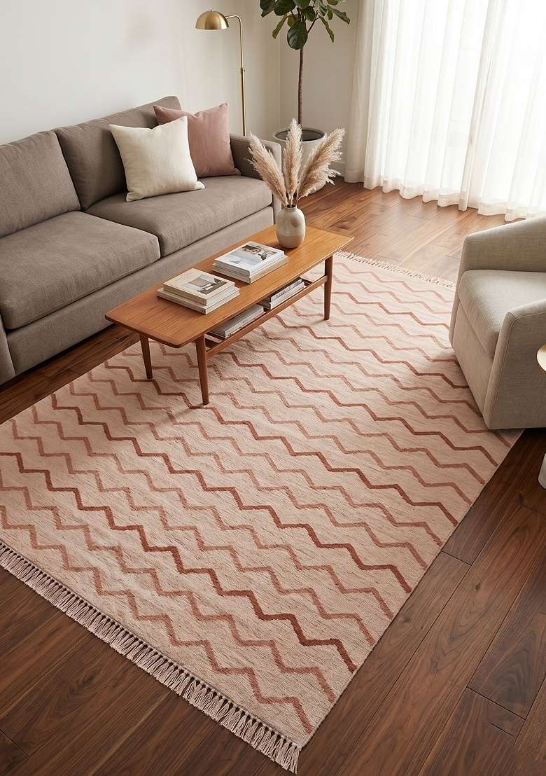Saffron Rugs Handmade Wool Dhurrie Flat Weave Rectangular Rug – Blush Pink Bohemian Chevron Kilim Style Carpet for Living Room - Indya
