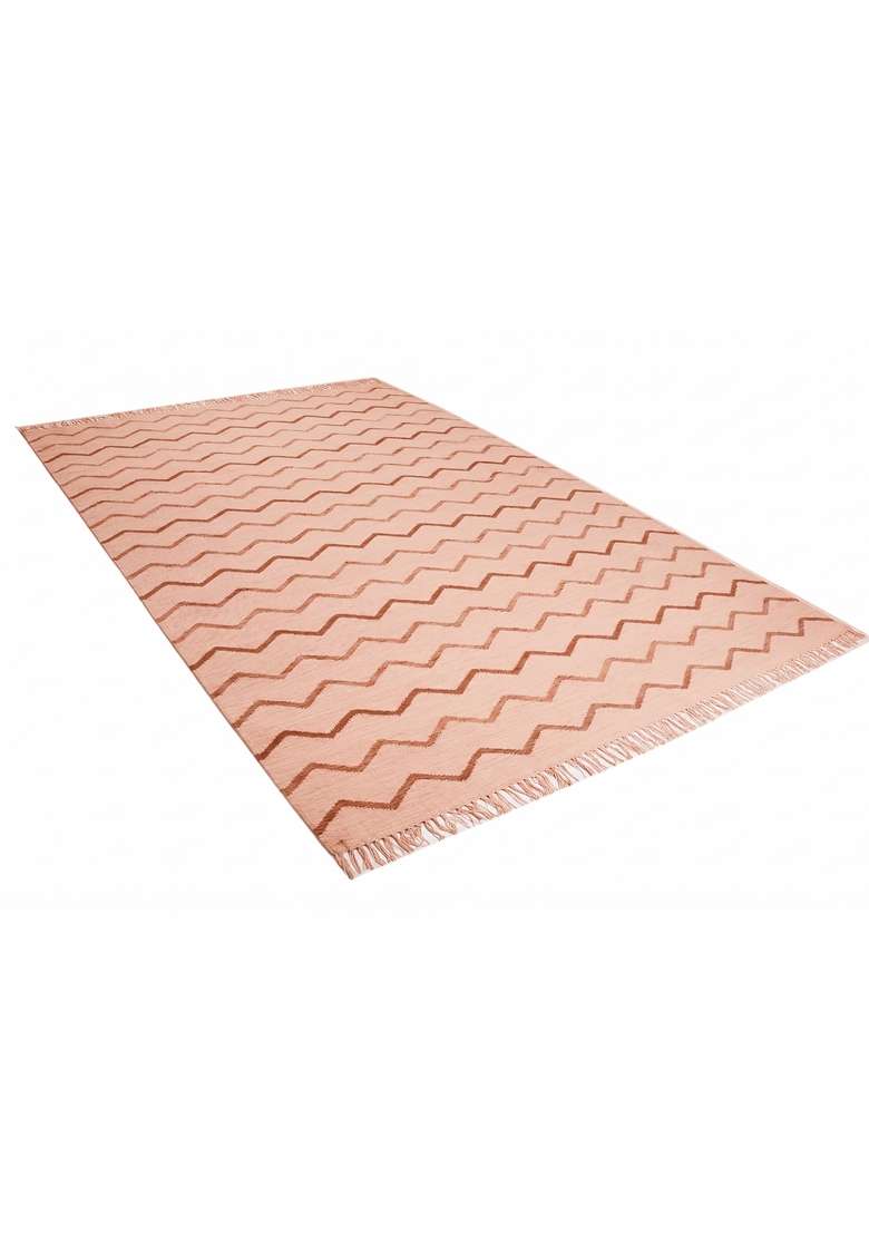 Saffron Rugs Handmade Wool Dhurrie Flat Weave Rectangular Rug – Blush Pink Bohemian Chevron Kilim Style Carpet for Living Room - Indya