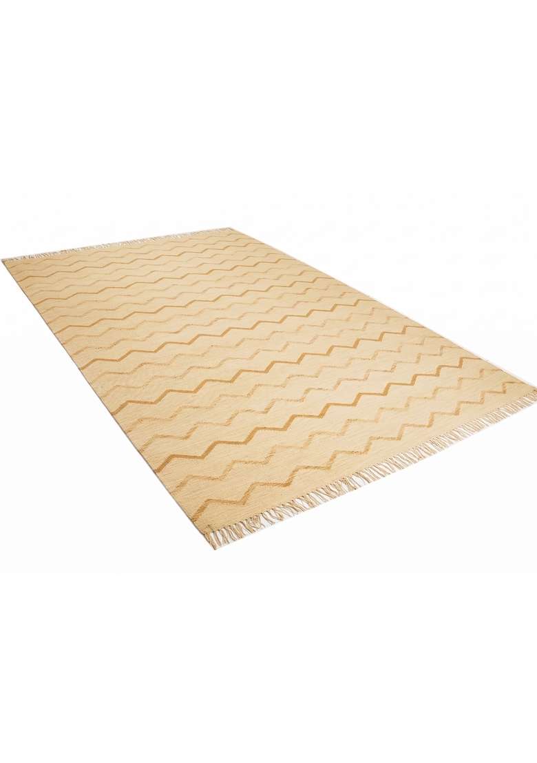 Saffron Rugs Handmade Wool Dhurrie Flat Weave Rectangular Rug – Golden Beige Bohemian Chevron Kilim Style Carpet for Living Room - Indya