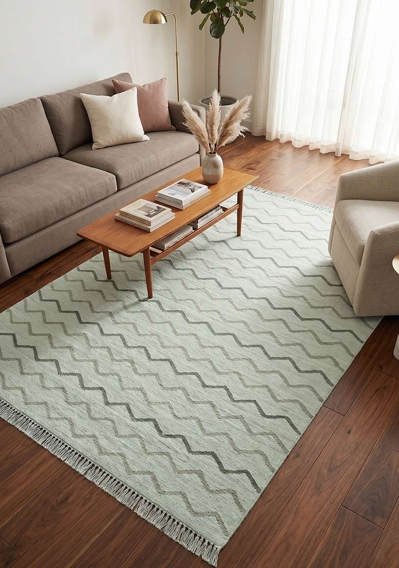 Saffron Rugs Handmade Wool Dhurrie Flat Weave Rectangular Rug – Ivory Sage Bohemian Chevron Kilim Style Carpet for Living Room - Indya