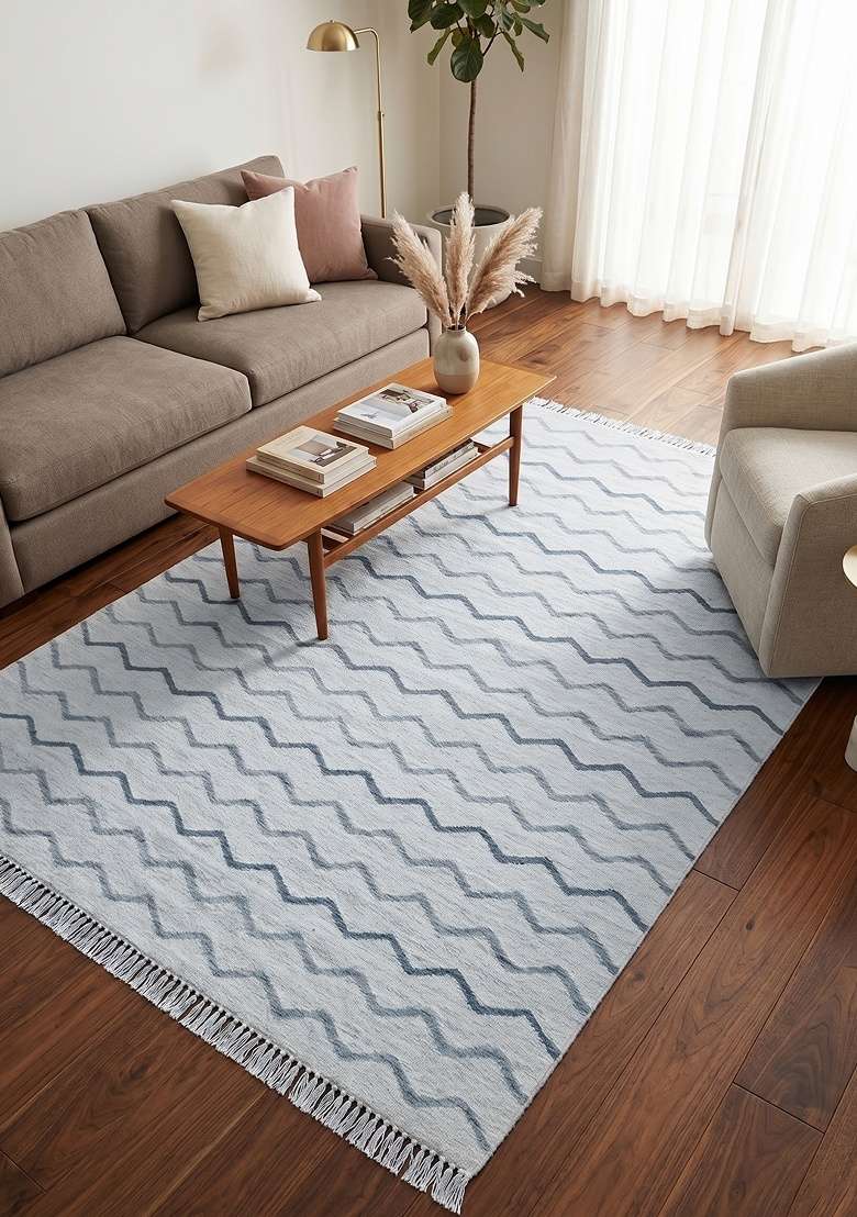 Saffron Rugs Handmade Wool Dhurrie Flat Weave Rectangular Rug – Light Blue Grey Bohemian Chevron Kilim Style Carpet for Living Room - Indya
