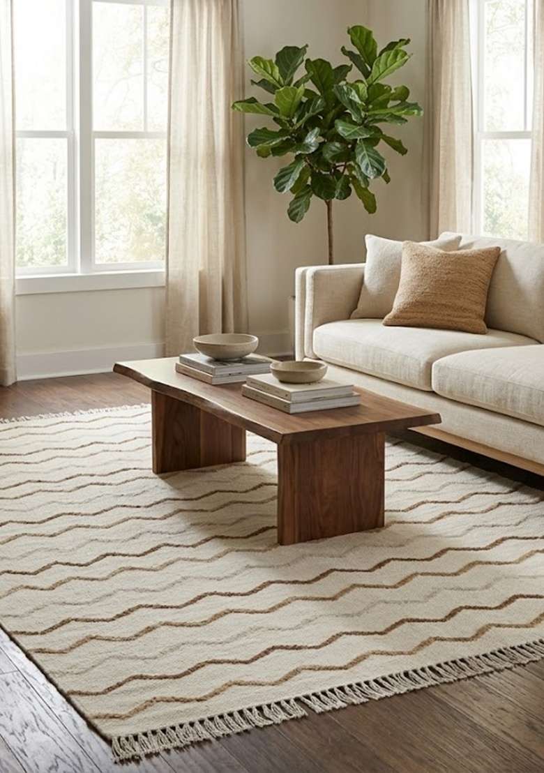 Saffron Rugs Handmade Wool Dhurrie Flat Weave Rectangular Rug – Cream Ivory Moroccan Chevron Kilim Style Carpet for Living Room - Indya