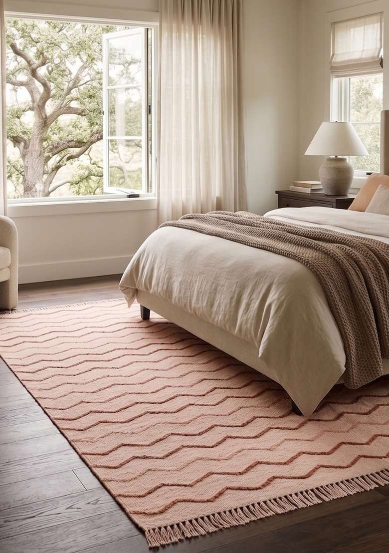 Saffron Rugs Handmade Wool Dhurrie Flat Weave Rectangular Rug – Blush Pink Moroccan Chevron Kilim Style Carpet for Living Room - Indya