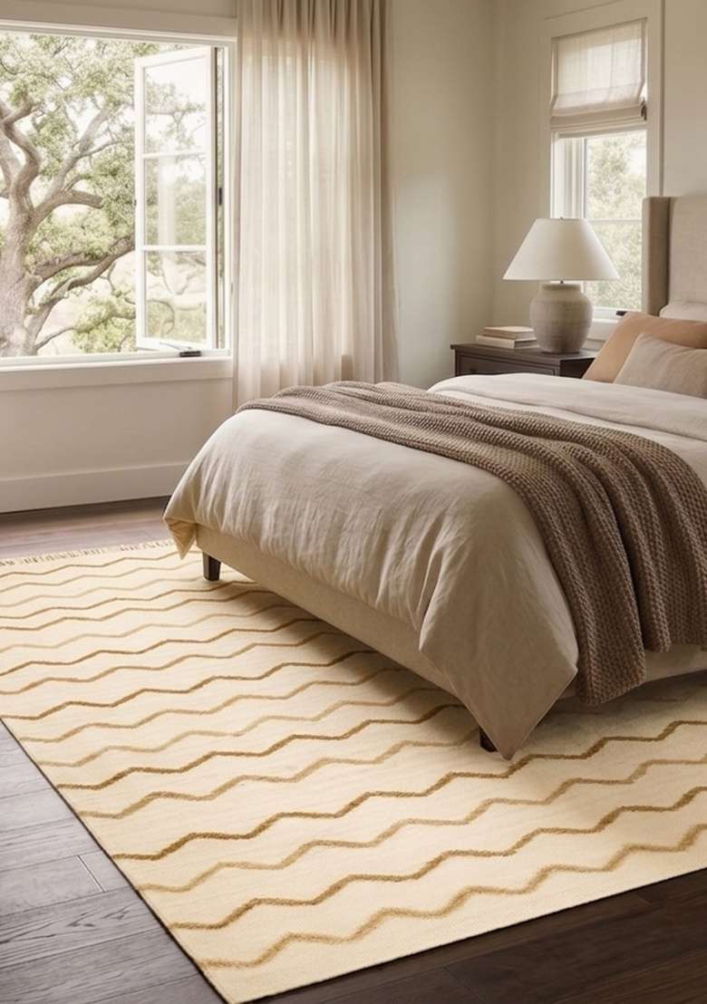 Saffron Rugs Handmade Wool Dhurrie Flat Weave Rectangular Rug – Cream Gold Moroccan Chevron Kilim Style Carpet for Living Room - Indya