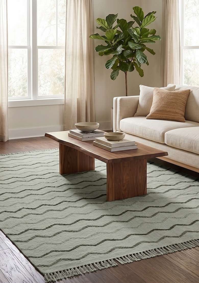 Saffron Rugs Handmade Wool Dhurrie Flat Weave Rectangular Rug – Light Sage Green Moroccan Chevron Kilim Style Carpet for Living Room - Indya