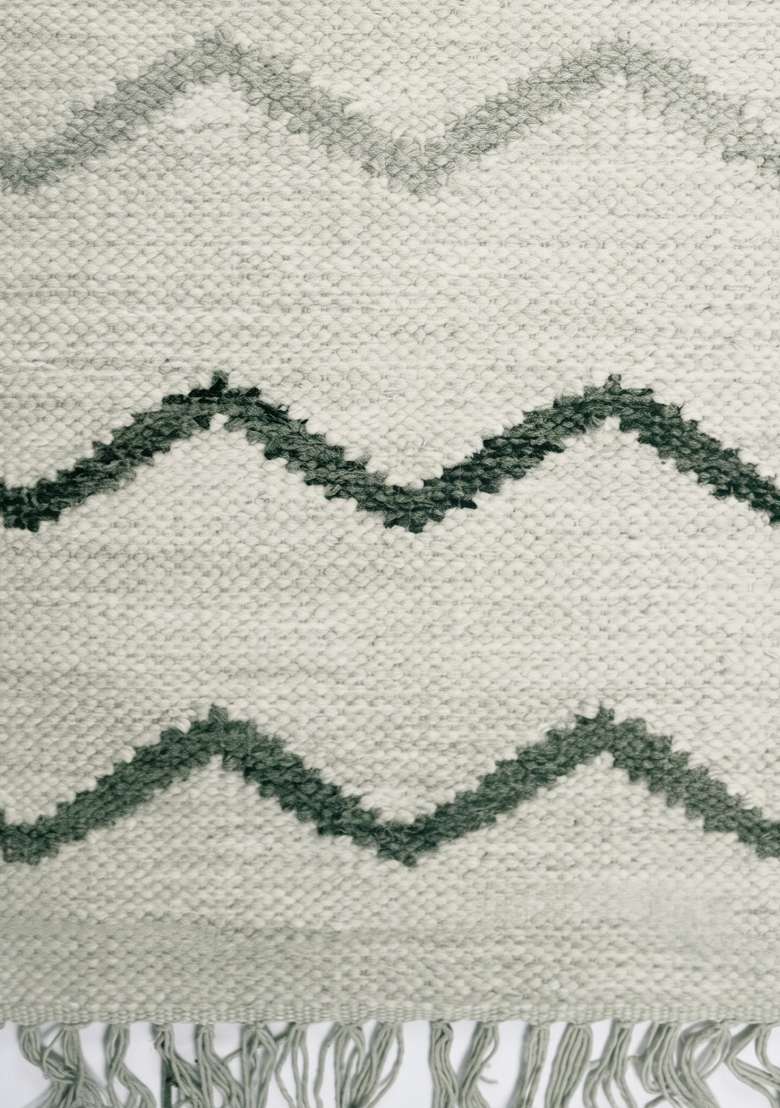 Saffron Rugs Handmade Wool Dhurrie Flat Weave Rectangular Rug – Light Sage Green Moroccan Chevron Kilim Style Carpet for Living Room - Indya
