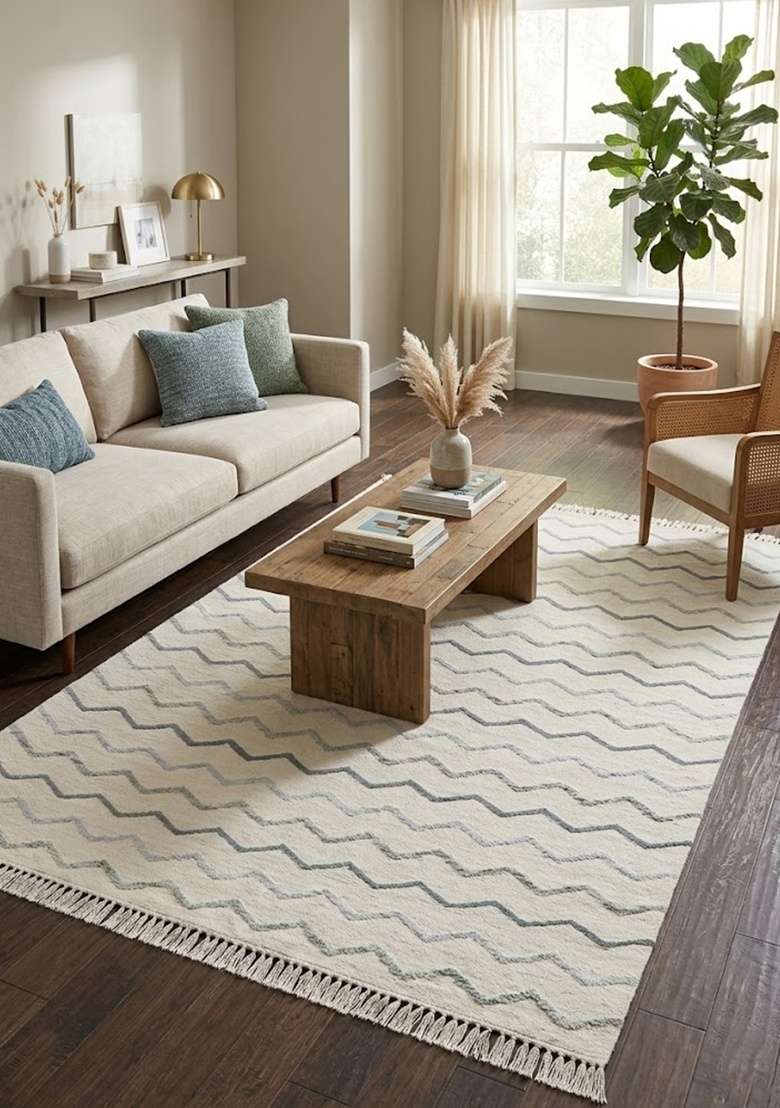 Saffron Rugs Handmade Wool Dhurrie Flat Weave Rectangular Rug – Ivory Cream Boho Chevron Kilim Style Carpet for Living Room - Indya