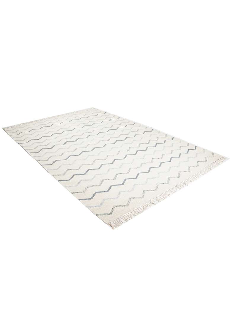 Saffron Rugs Handmade Wool Dhurrie Flat Weave Rectangular Rug – Ivory Cream Boho Chevron Kilim Style Carpet for Living Room - Indya