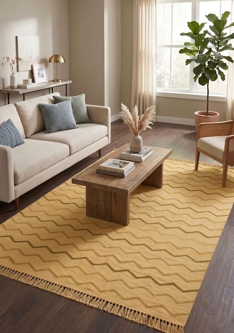 Saffron Rugs Handmade Wool Dhurrie Flat Weave Rectangular Rug – Golden Yellow Boho Chevron Kilim Style Carpet for Living Room - Indya