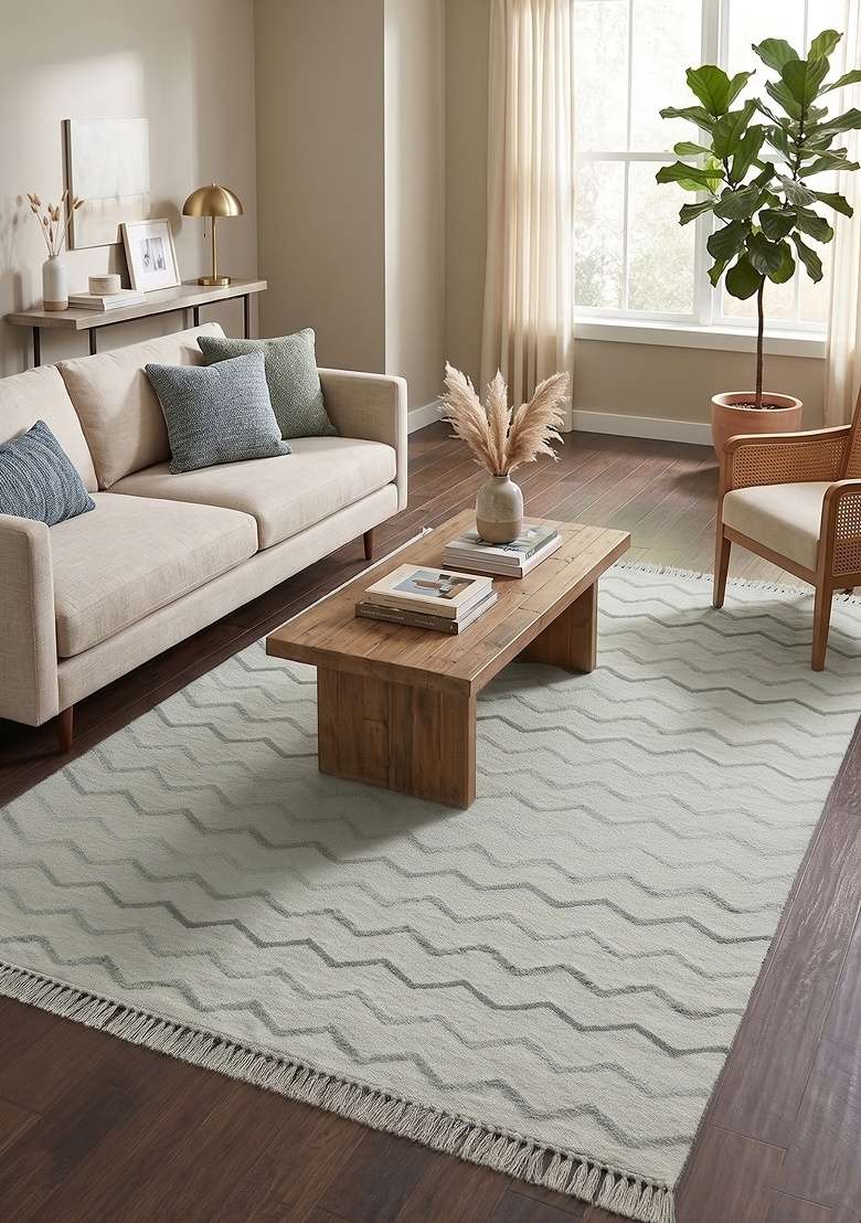 Saffron Rugs Handmade Wool Dhurrie Flat Weave Rectangular Rug – Light Sage Green Boho Chevron Kilim Style Carpet for Living Room - Indya