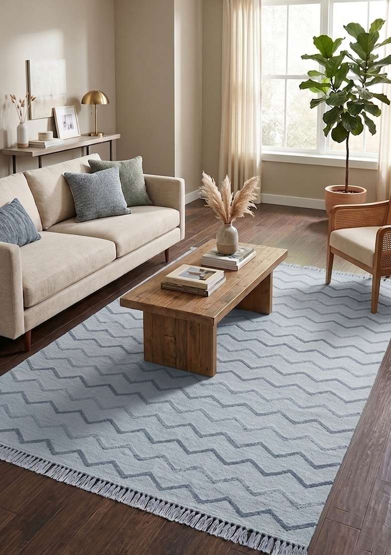 Saffron Rugs Handmade Wool Dhurrie Flat Weave Rectangular Rug – Light Blue Boho Chevron Kilim Style Carpet for Living Room - Indya