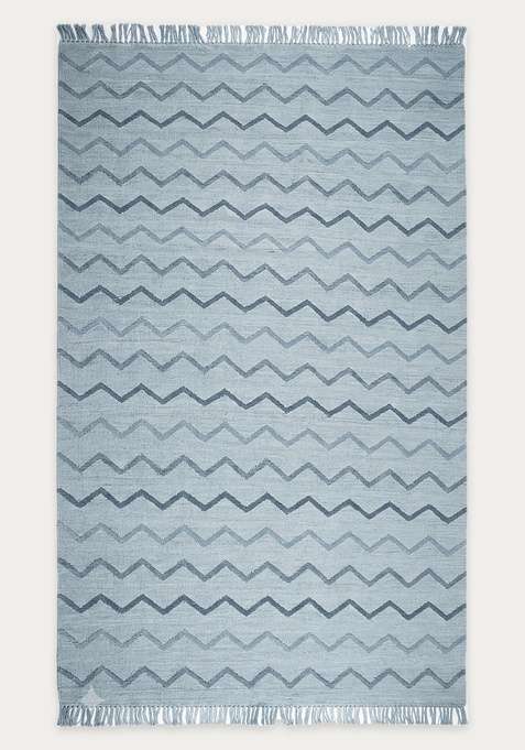 100% Wool Handmade Light Blue Rug | Boho Chevron Flat Weave Reversible Carpet For Living Room