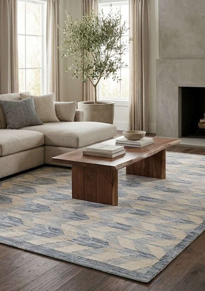 Saffron Rugs Handmade Wool Dhurrie Flat Weave Rectangular Rug – Blue Grey Beige Contemporary Chevron Kilim Style Carpet for Living Room - Indya
