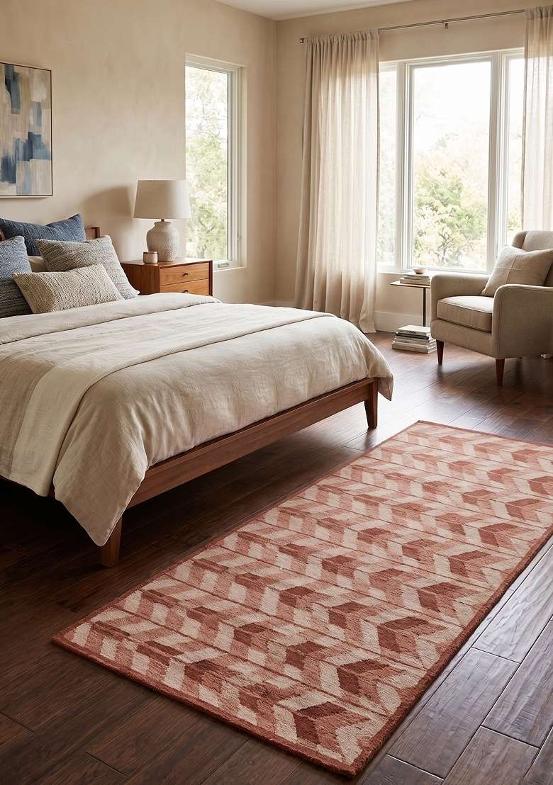 Saffron Rugs Handmade Wool Dhurrie Flat Weave Rectangular Rug – Terracotta Pink Contemporary Chevron Kilim Style Carpet for Living Room - Indya