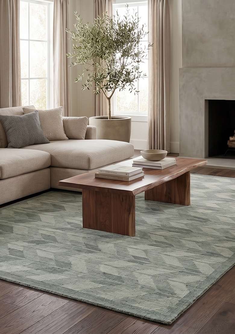 Saffron Rugs Handmade Wool Dhurrie Flat Weave Rectangular Rug – Sage Green Grey Contemporary Chevron Kilim Style Carpet for Living Room - Indya