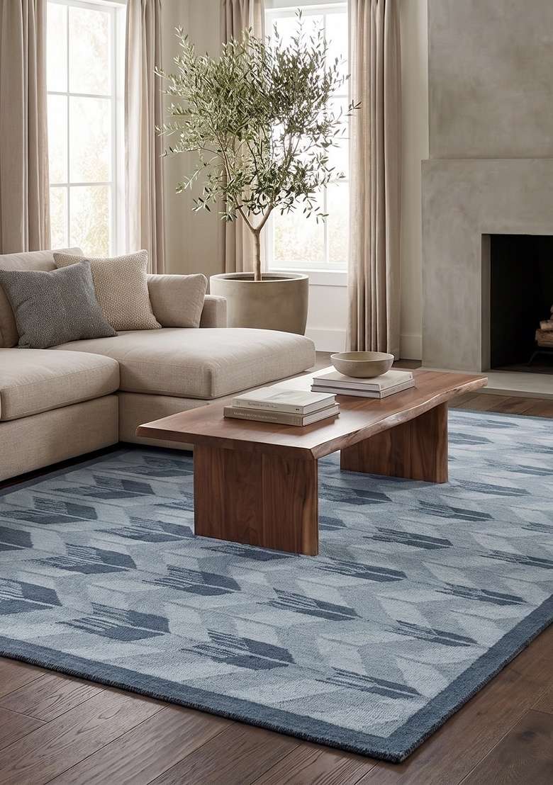 Saffron Rugs Handmade Wool Dhurrie Flat Weave Rectangular Rug – Light Steel Blue Contemporary Chevron Kilim Style Carpet for Living Room - Indya