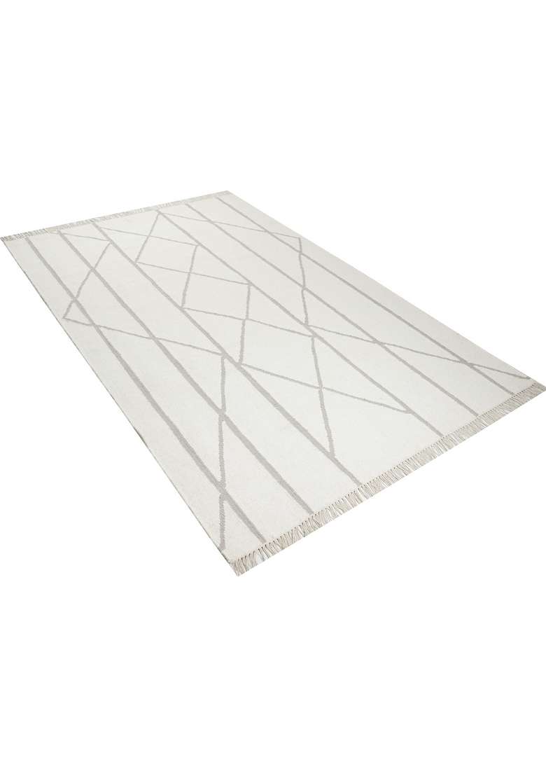 Saffron Rugs Handmade Wool Dhurrie Flat Weave Rectangular Rug – Ivory Moroccan Geometric Kilim Style Carpet for Living Room - Indya