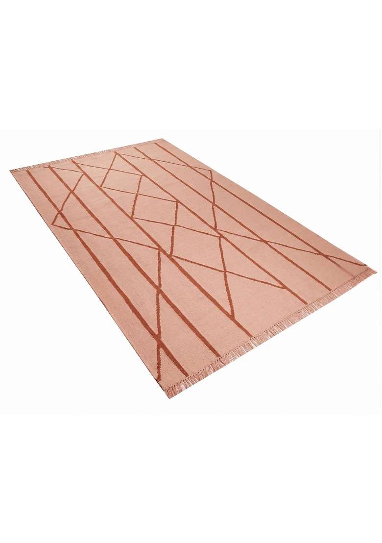 Saffron Rugs Handmade Wool Dhurrie Flat Weave Rectangular Rug – Blush Pink Moroccan Geometric Kilim Style Carpet for Living Room - Indya