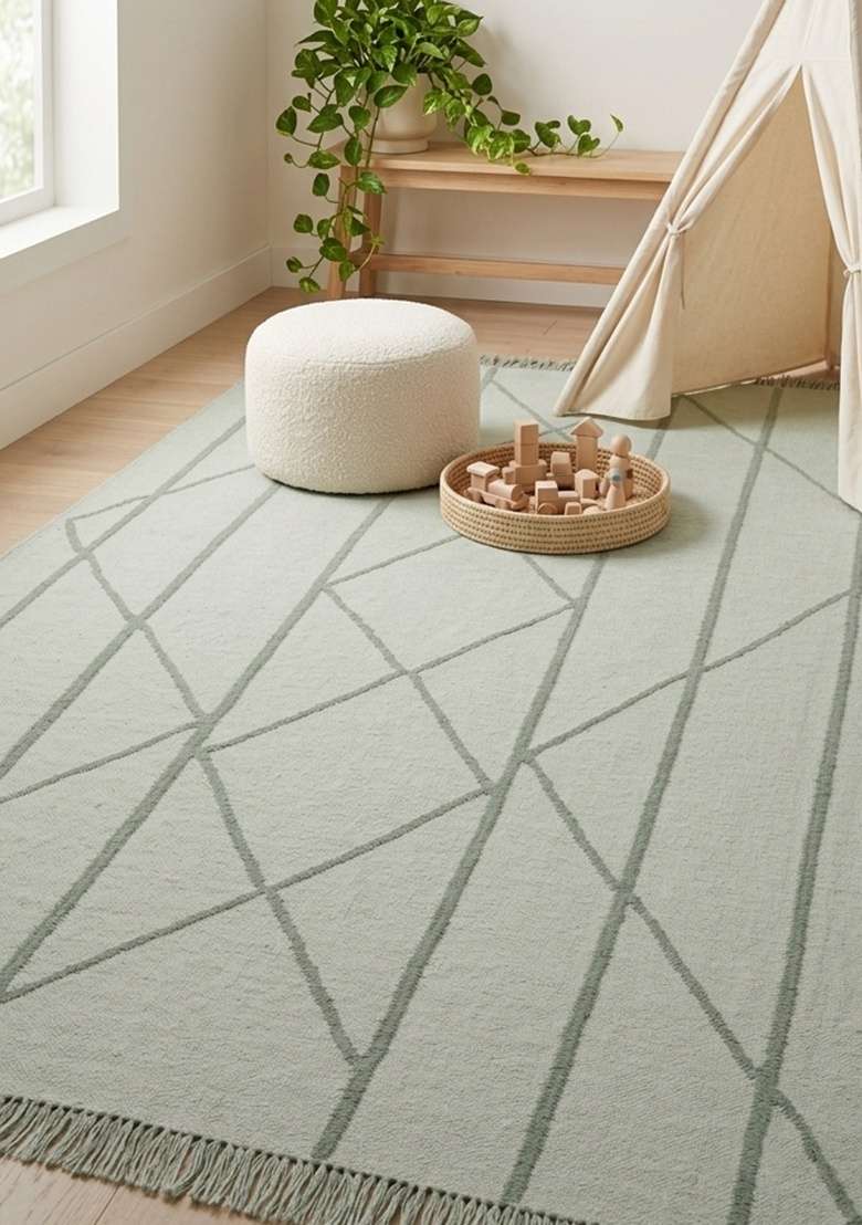 Saffron Rugs Handmade Wool Dhurrie Flat Weave Rectangular Rug – Sage Green Moroccan Geometric Kilim Style Carpet for Living Room - Indya