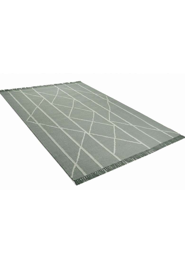Saffron Rugs Handmade Wool Dhurrie Flat Weave Rectangular Rug – Grey Moroccan Geometric Kilim Style Carpet for Living Room - Indya
