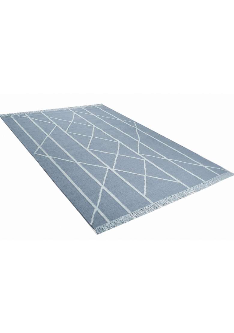 Saffron Rugs Handmade Wool Dhurrie Flat Weave Rectangular Rug – Light Blue Grey Moroccan Geometric Kilim Style Carpet for Living Room - Indya
