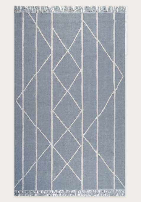 100% Wool Handmade Light Blue Grey Rug | Moroccan Geometric Flat Weave Reversible Carpet For Living Room