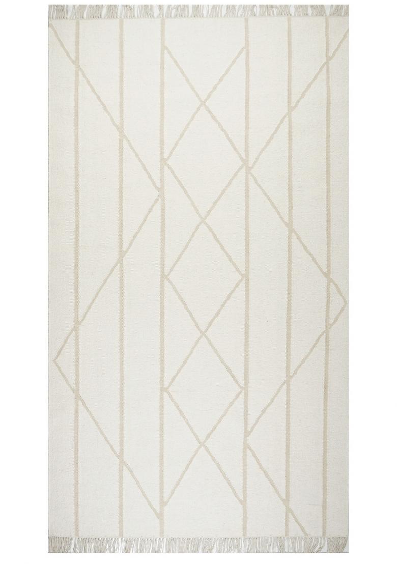 Saffron Rugs Flat Woven Ivory Cream Geometric Moroccan Rectangular Wool Area Rug - Indya