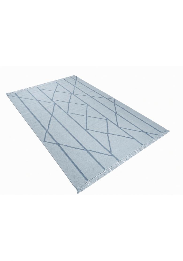 Saffron Rugs Flat Woven Light Blue Geometric Moroccan Rectangular Wool Area Rug - Indya