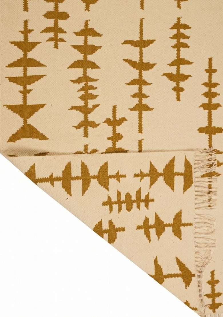 Saffron Rugs Flat Woven Cream Gold Geometric Bohemian Rectangular Wool Area Rug - Indya