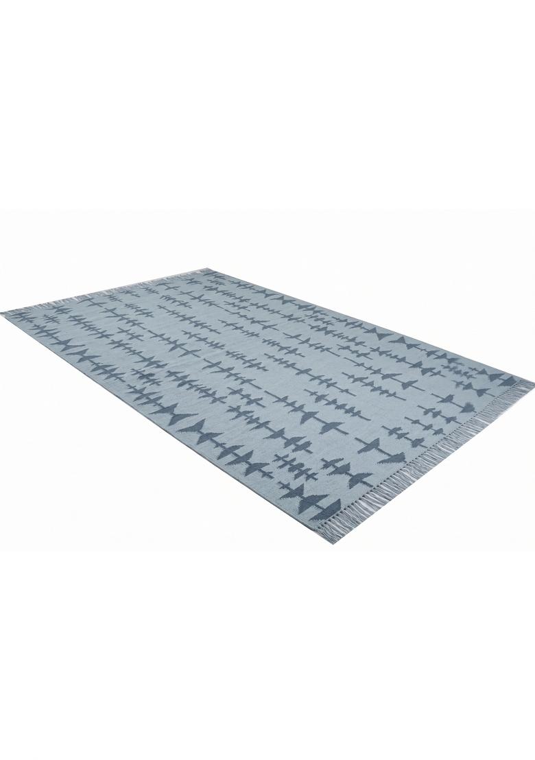 Saffron Rugs Flat Woven Light Blue Grey Geometric Bohemian Rectangular Wool Area Rug - Indya