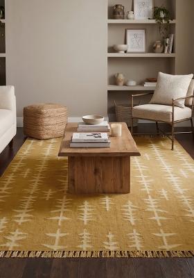 Saffron Rugs Flat Woven Golden Yellow Geometric Bohemian Rectangular Wool Area Rug