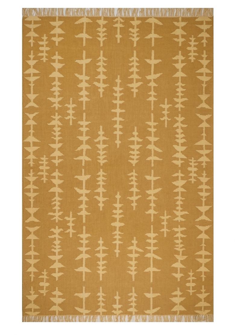 Saffron Rugs Flat Woven Golden Yellow Geometric Bohemian Rectangular Wool Area Rug - Indya