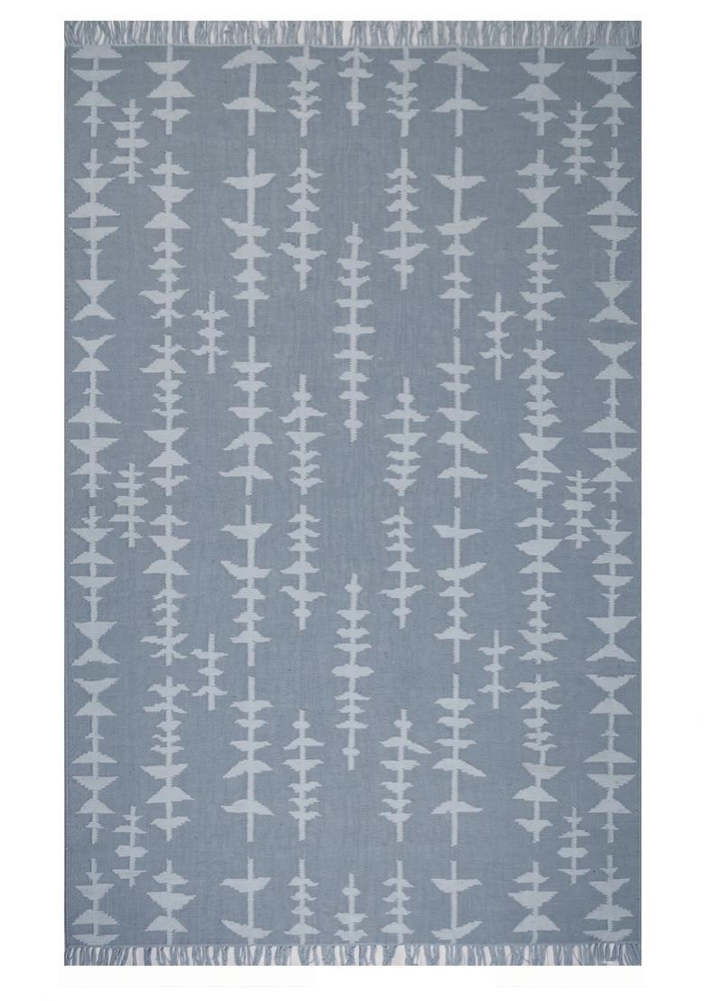 Saffron Rugs Flat Woven Steel Blue Geometric Bohemian Rectangular Wool Area Rug - Indya