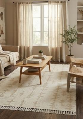 Saffron Rugs Flat Woven Cream Ivory Geometric Boho Rectangular Wool Area Rug