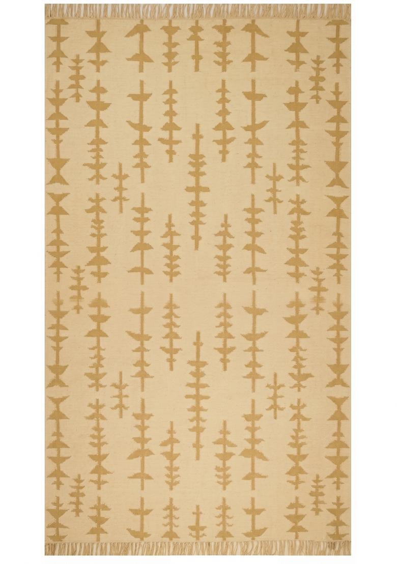 Saffron Rugs Flat Woven Beige Gold Geometric Boho Rectangular Wool Area Rug - Indya
