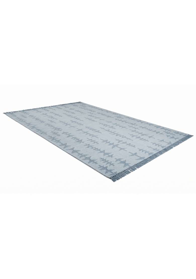 Saffron Rugs Handmade Wool Dhurrie Flat Weave Rectangular Rug – Light Blue Boho Geometric Kilim Style Carpet for Living Room, Made in India - Indya