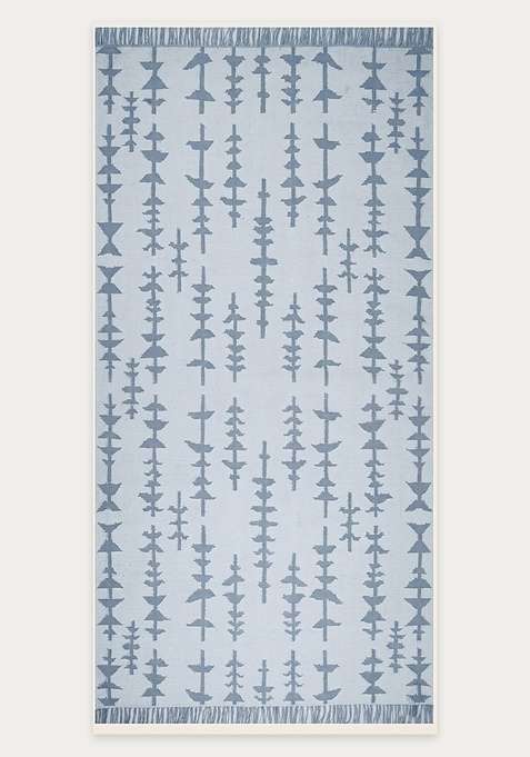 100% Wool Handmade Light Blue Rug | Boho Geometric Flat Weave Reversible Carpet For Living Room