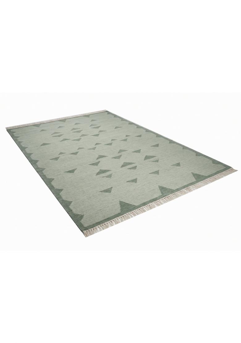 Saffron Rugs Flat Woven Sage Green Geometric Bohemian Rectangular Wool Area Rug - Indya