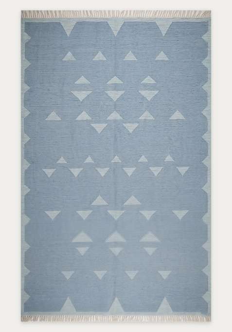100% Wool Handmade Light Blue Rug | Bohemian Geometric Flat Weave Reversible Carpet For Living Room