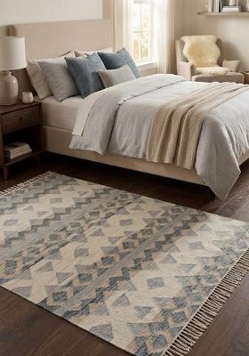 Saffron Rugs Flat Woven Ivory Blue Grey Geometric Bohemian Rectangular Wool Area Rug