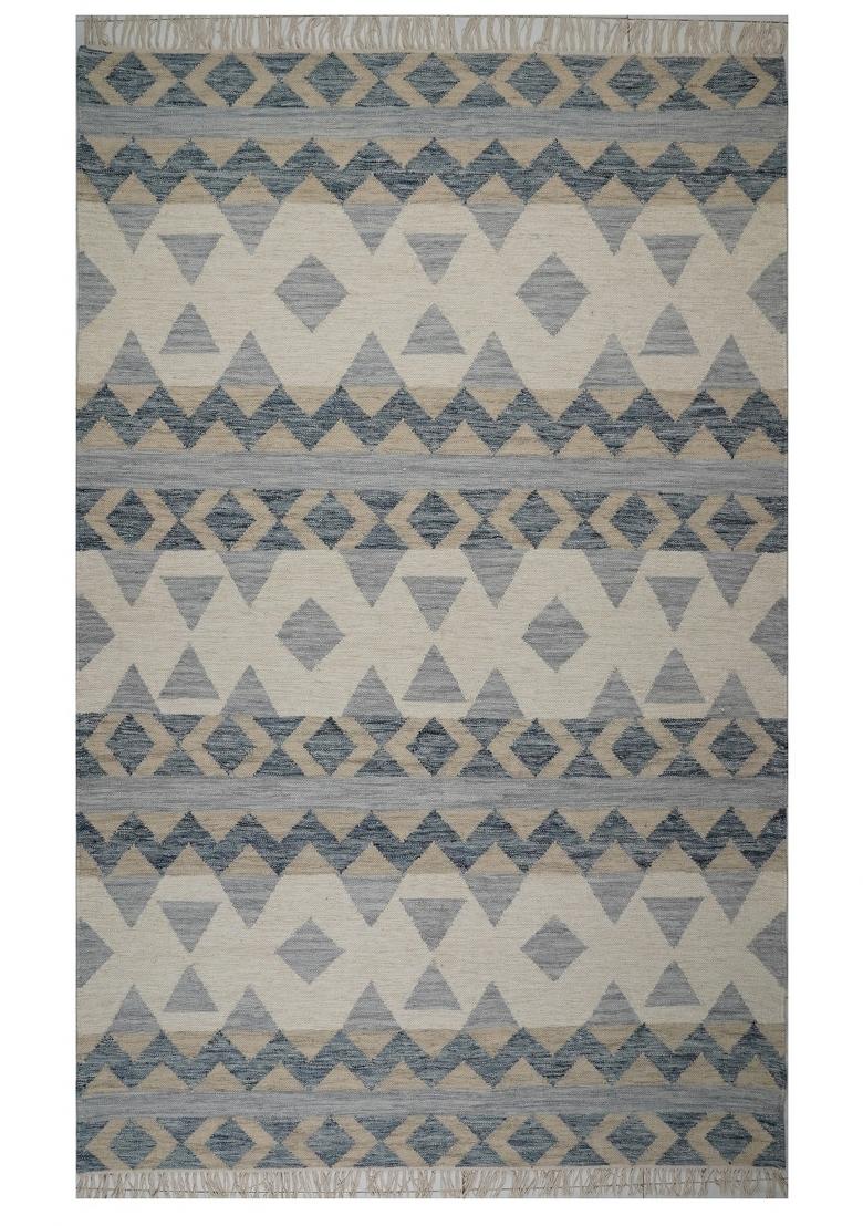 Saffron Rugs Flat Woven Ivory Blue Grey Geometric Bohemian Rectangular Wool Area Rug - Indya
