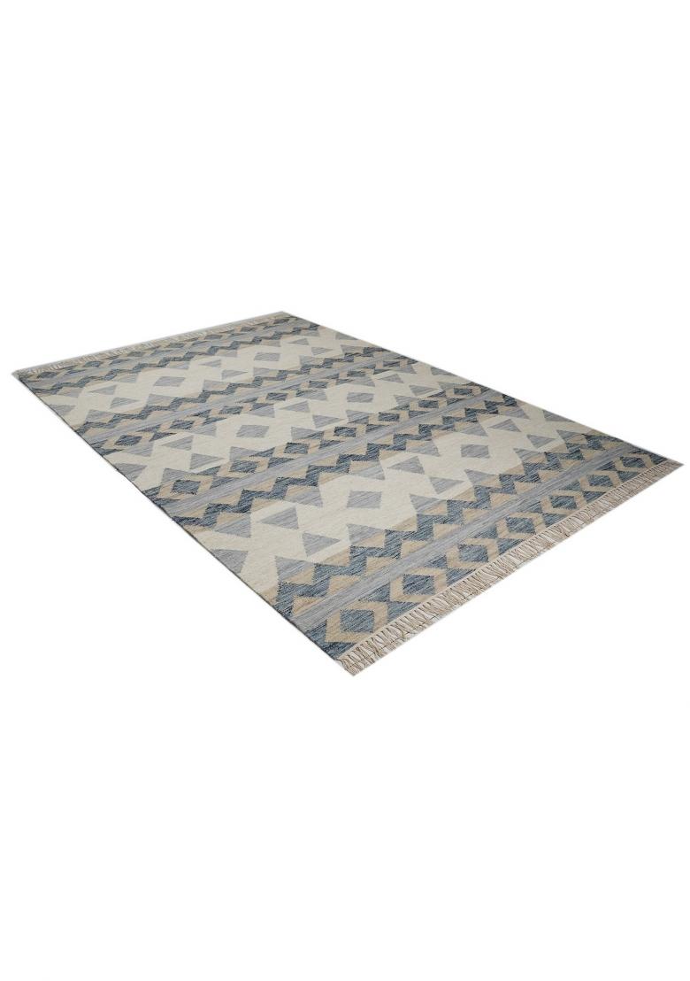 Saffron Rugs Flat Woven Ivory Blue Grey Geometric Bohemian Rectangular Wool Area Rug - Indya