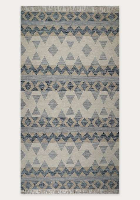100% Wool Handmade Ivory Blue Grey Rug | Bohemian Geometric Flat Weave Reversible Carpet For Living Room