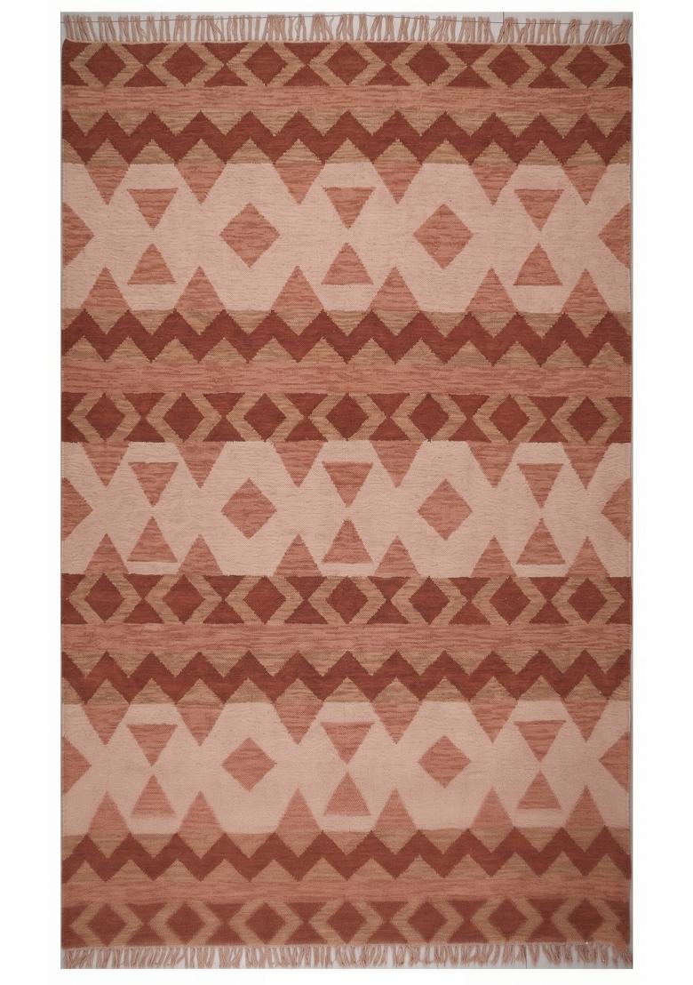 Saffron Rugs Flat Woven Terracotta Pink Geometric Bohemian Rectangular Wool Area Rug - Indya